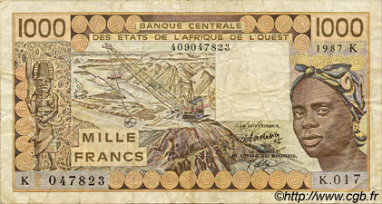 1000 Francs WEST AFRICAN STATES  1987 P.707Kh F+