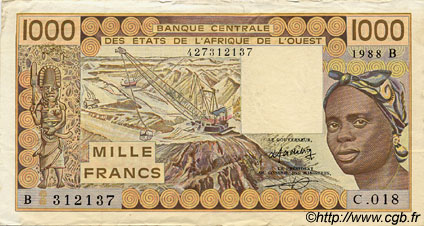 1000 Francs WEST AFRICAN STATES  1988 P.207Ba VF