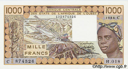 1000 Francs WEST AFRIKANISCHE STAATEN  1988 P.307Ca fST+