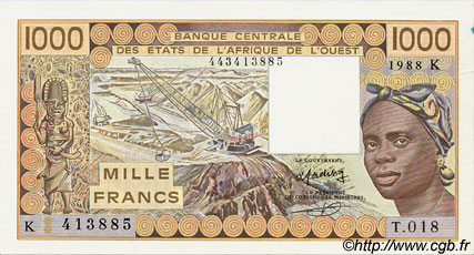1000 Francs WEST AFRIKANISCHE STAATEN  1988 P.707Ka fST