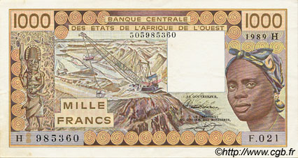 1000 Francs ÉTATS DE L AFRIQUE DE L OUEST  1989 P.607Hi TTB+
