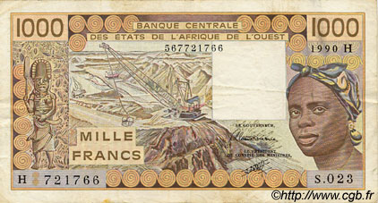 1000 Francs WEST AFRICAN STATES  1990 P.607Hj F+
