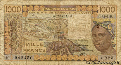 1000 Francs WEST AFRICAN STATES  1990 P.707Kj G