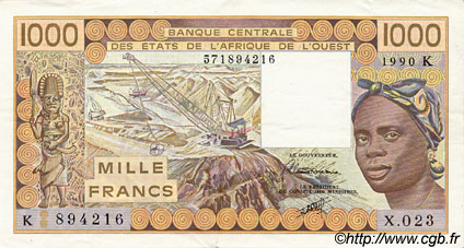 1000 Francs WEST AFRICAN STATES  1990 P.707Kj XF-