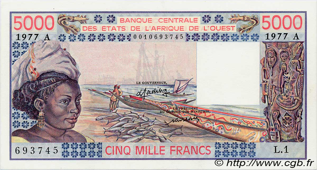 5000 Francs STATI AMERICANI AFRICANI  1977 P.108Aa AU