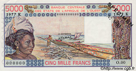 5000 Francs Spécimen STATI AMERICANI AFRICANI  1977 P.708Kds q.FDC