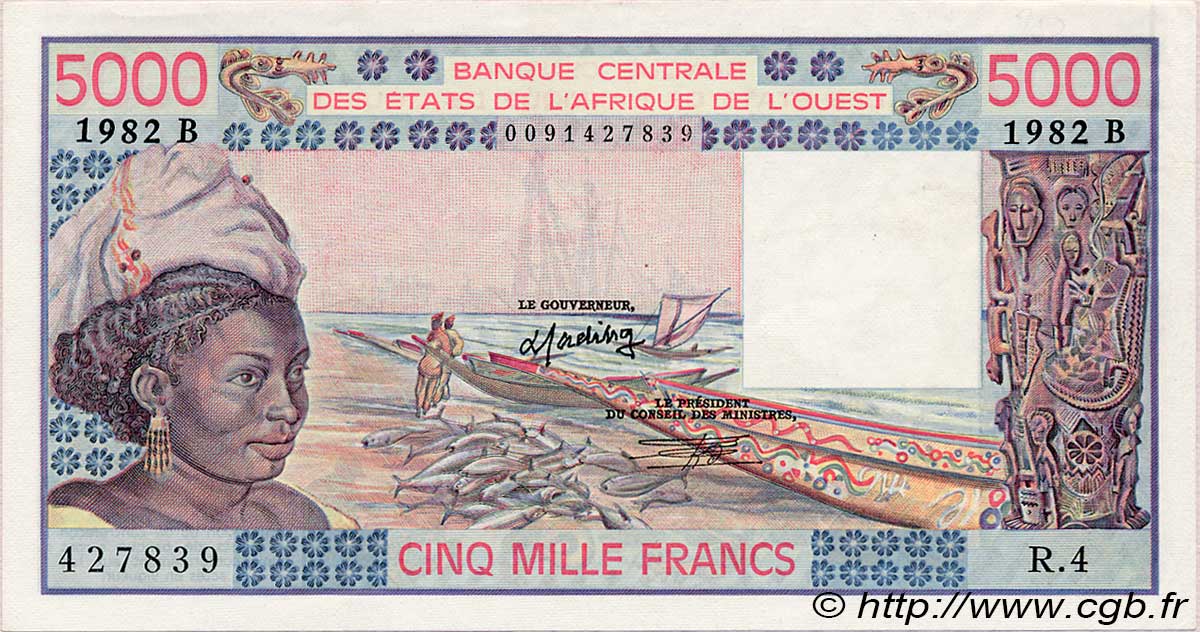 5000 Francs WEST AFRICAN STATES  1982 P.208Bf AU