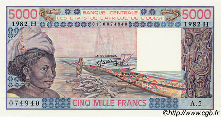 5000 Francs WEST AFRICAN STATES  1982 P.608Hg UNC