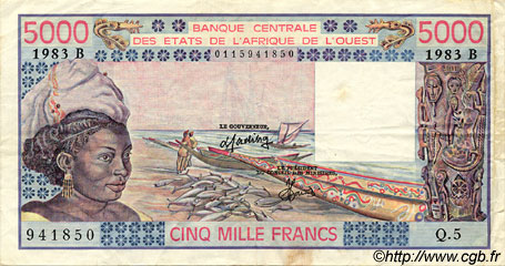 5000 Francs WEST AFRICAN STATES  1983 P.208Bg VF-