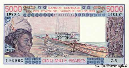 5000 Francs ESTADOS DEL OESTE AFRICANO  1983 P.308Ch FDC