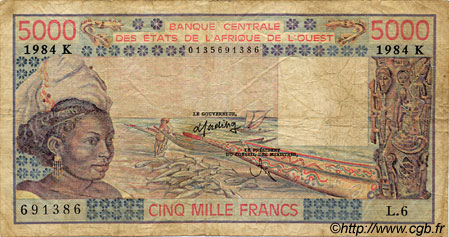 5000 Francs STATI AMERICANI AFRICANI  1984 P.708Ki q.MB