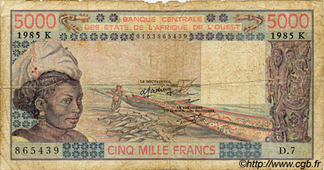 5000 Francs WEST AFRICAN STATES  1985 P.708Kj G