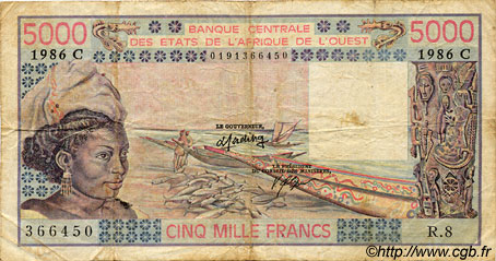 5000 Francs STATI AMERICANI AFRICANI  1986 P.308Cl q.MB