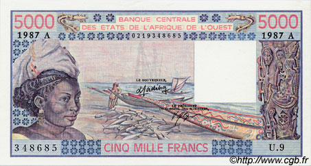 5000 Francs STATI AMERICANI AFRICANI  1987 P.108Ap q.FDC