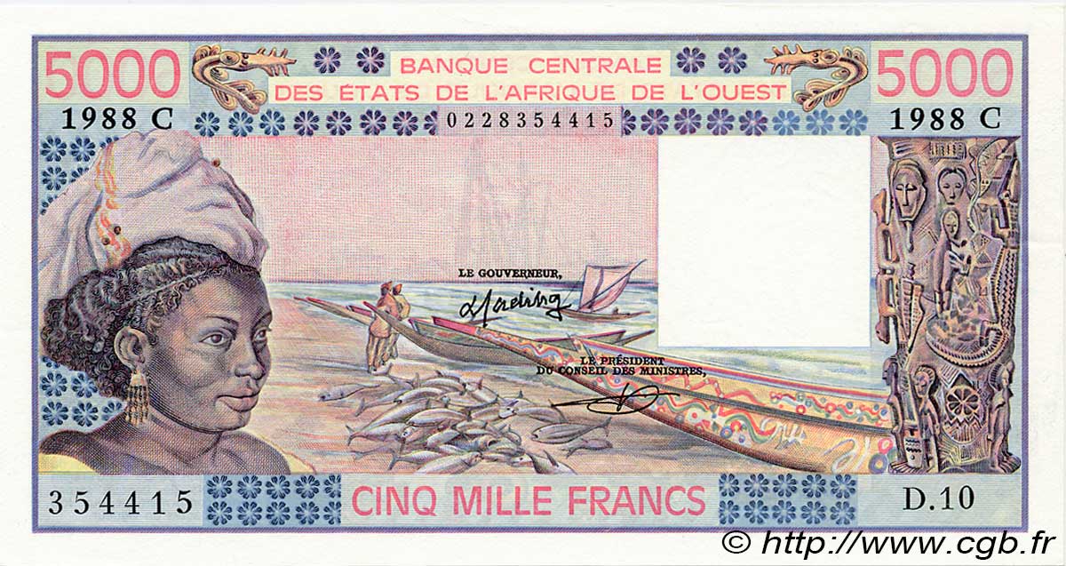5000 Francs WEST AFRIKANISCHE STAATEN  1988 P.308Cd fST+