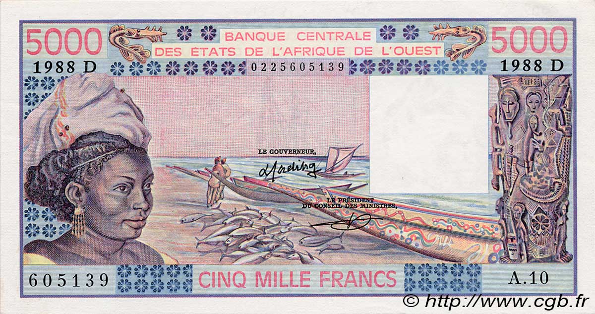 5000 Francs WEST AFRICAN STATES  1988 P.407Da AU-