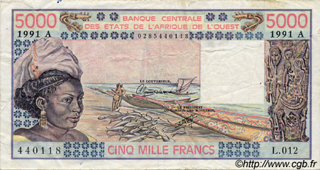 5000 Francs ESTADOS DEL OESTE AFRICANO  1991 P.108Ar MBC