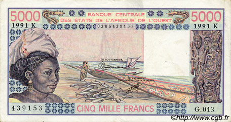 5000 Francs WEST AFRIKANISCHE STAATEN  1991 P.708Kn SS to VZ