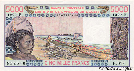 5000 Francs WEST AFRICAN STATES  1992 P.208Bn UNC-