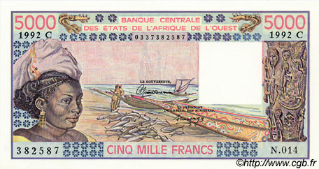 5000 Francs WEST AFRIKANISCHE STAATEN  1992 P.308Cq ST