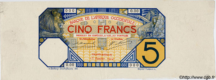 5 Francs GRAND-BASSAM Epreuve Épreuve FRENCH WEST AFRICA Grand-Bassam 1904 P.05D AU