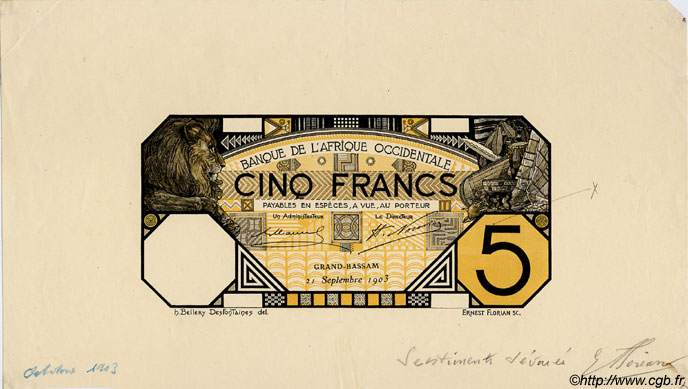 5 Francs GRAND-BASSAM Epreuve Épreuve FRENCH WEST AFRICA Grand-Bassam 1903 P.05D SC