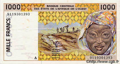 1000 Francs WEST AFRIKANISCHE STAATEN  1991 P.111Aa fVZ