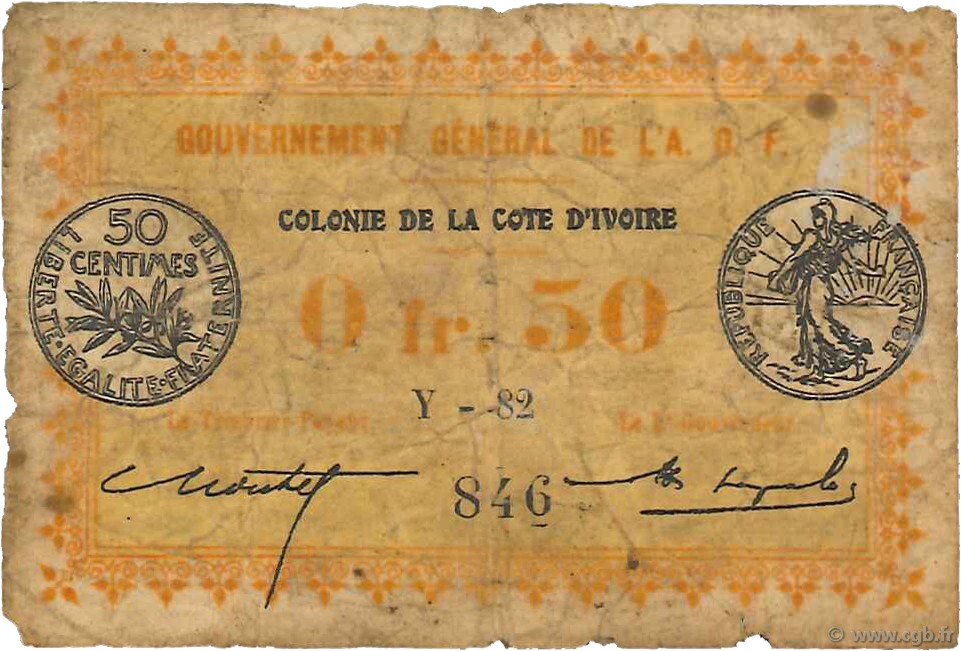 0,50 Franc IVORY COAST  1917 P.01b G