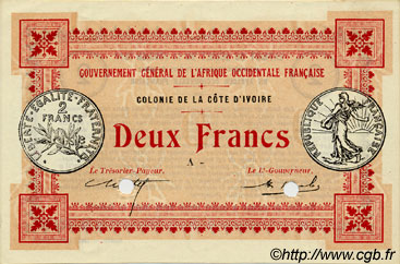 2 Francs Annulé IVORY COAST  1917 P.03a UNC-