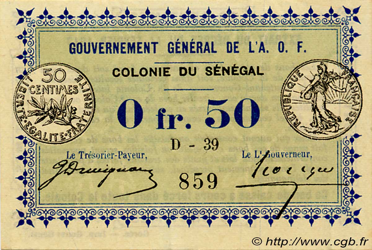 0,50 Franc SENEGAL  1917 P.01b UNC-