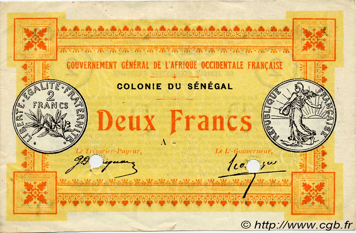 2 Francs Annulé SENEGAL  1917 P.03b SS