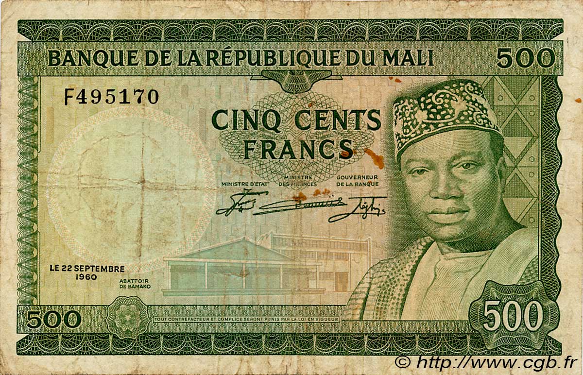 500 Francs MALI  1960 P.08 q.BB