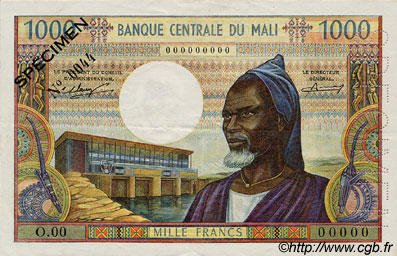 1000 Francs Spécimen MALI  1973 P.13as fVZ