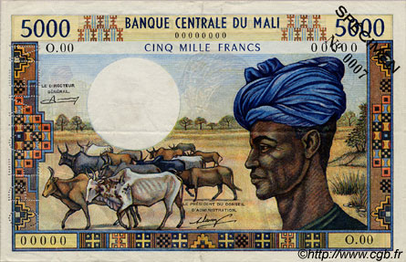 5000 Francs Spécimen MALí  1973 P.14as MBC+