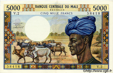 5000 Francs MALI  1973 P.14b XF - AU