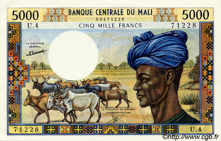 5000 Francs MALí  1972 P.14c SC+
