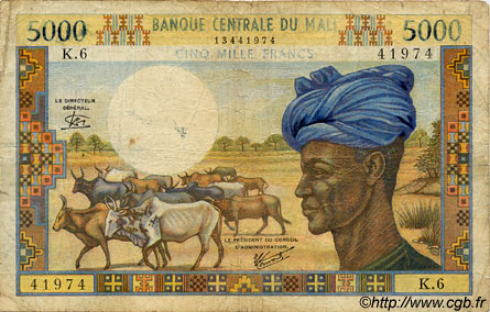 5000 Francs MALI  1973 P.14e G