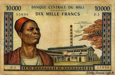10000 Francs MALI  1973 P.15d VG