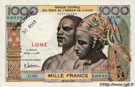 1000 Francs Spécimen WEST AFRIKANISCHE STAATEN  1960 P.--s ST