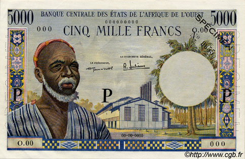 5000 Francs Spécimen ESTADOS DEL OESTE AFRICANO  1960 P.--s SC+