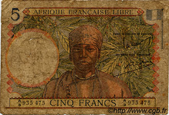 5 Francs FRENCH EQUATORIAL AFRICA Brazzaville 1941 P.06a P