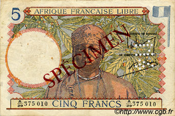 5 Francs Spécimen FRENCH EQUATORIAL AFRICA Brazzaville 1941 P.06s VF