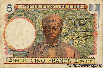 5 Francs AFRIQUE ÉQUATORIALE FRANÇAISE Brazzaville 1941 P.06a MB