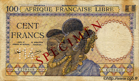100 Francs Spécimen AFRIQUE ÉQUATORIALE FRANÇAISE Brazzaville 1941 P.08s q.BB