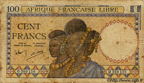 100 Francs AFRIQUE ÉQUATORIALE FRANÇAISE Brazzaville 1943 P.08 VG