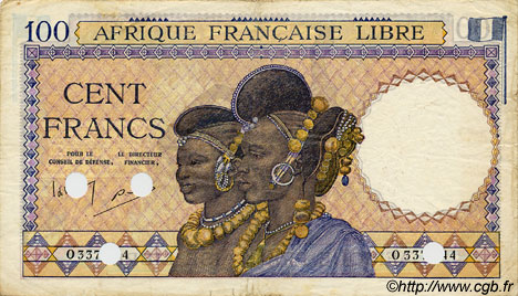 100 Francs Annulé FRENCH EQUATORIAL AFRICA Brazzaville 1943 P.08 VF