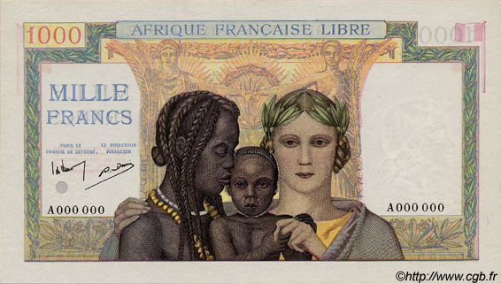 1000 Francs Spécimen FRENCH EQUATORIAL AFRICA Brazzaville 1942 P.09s UNC-