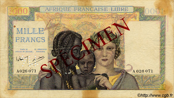 1000 Francs Spécimen FRENCH EQUATORIAL AFRICA Brazzaville 1942 P.09s VF-