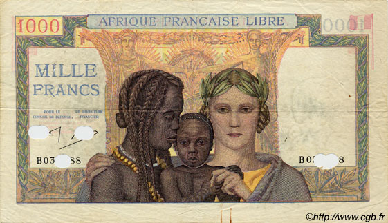 1000 Francs Annulé FRENCH EQUATORIAL AFRICA Brazzaville 1943 P.09s VF