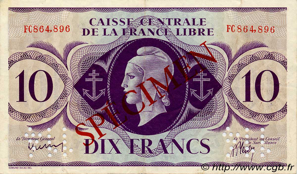 10 Francs Spécimen FRENCH EQUATORIAL AFRICA Brazzaville 1943 P.11s XF